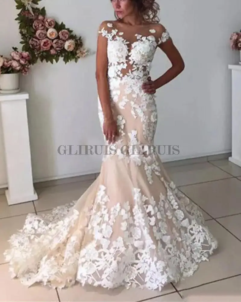 

Mermaid Wedding Dresses 2022 Open Back Robe de Mariee Lace Floral Applique Nude Tulle Neck Short Sleeves Bridal Gowns