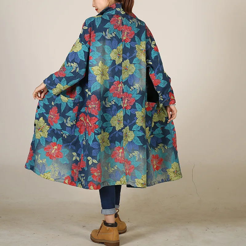 Print Denim Windbreaer 2023 New Spring Autumn Arts Style Women Loose Trench Single Beasted Pocket Cotton Long Sleeve Denim Coat