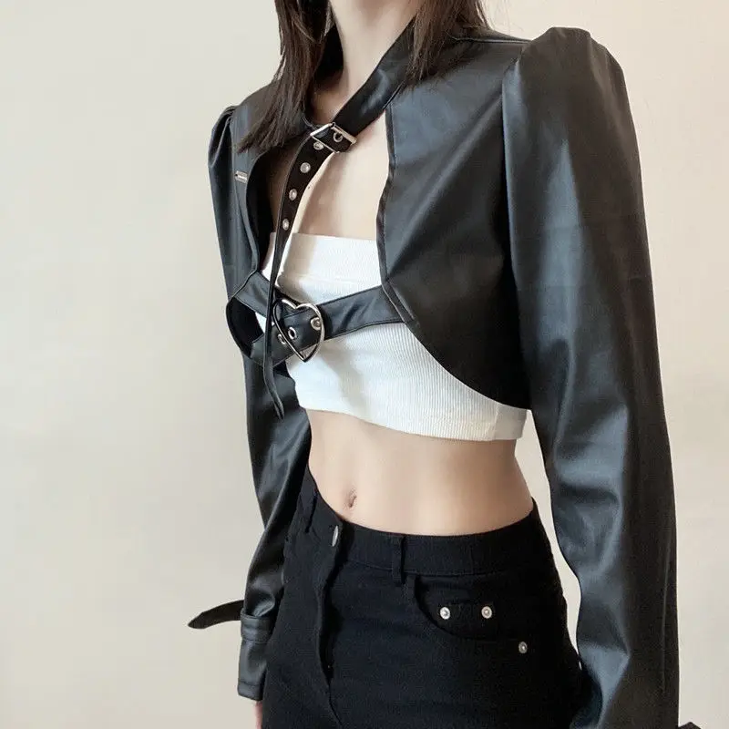PU Leather Jacket One Shoulder Removable Metal Buckle Hip Hop Outfits Streetwear Cropped Jackets Solid Coat Gothic Black Women