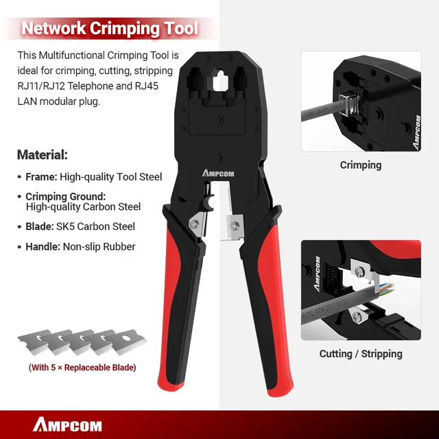 AMPCOM RJ45 Щипцы Lan Tester Набор инструментов Инструмент для зачистки кабеля Ethernet Инструмент для зачистки проводов rj 45 rj11 Разъемы 12 в 1 Набор для ремонта кабелей 2