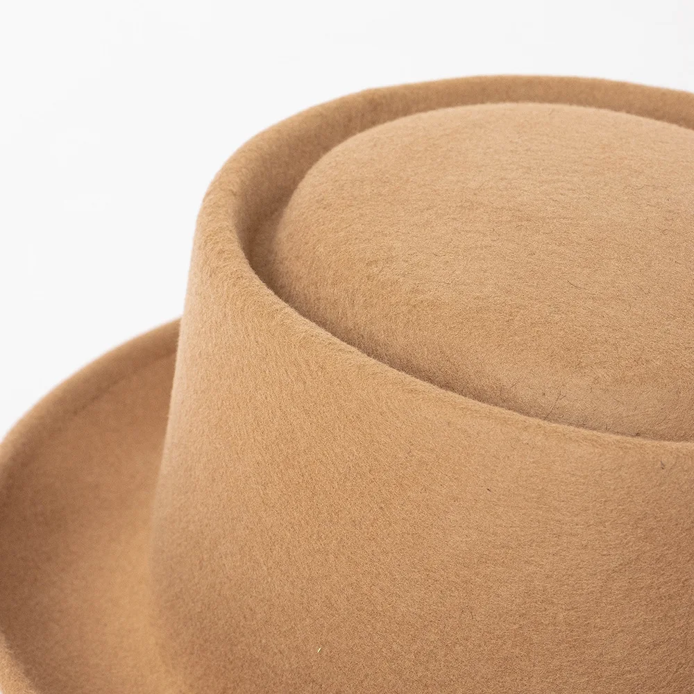 Modische 100 % Wolle Pork Pie Hut Fedora für Männer Frauen Herbst Winter warme Wolle flache Top Hut gebogene Krempe Männer Kleid Outdoor Caps – Detail 12