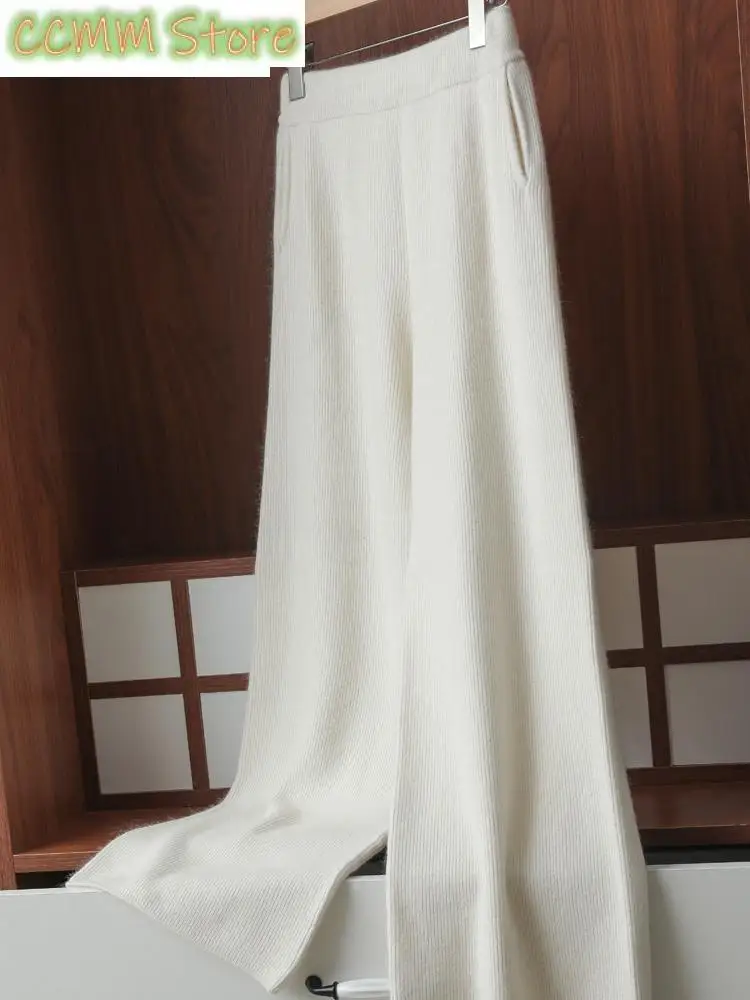 New Wide-leg Pants for Women Autumn Winter High-waisted Pants, Thickened Drapey White Casual Floor-length Knitted Pants