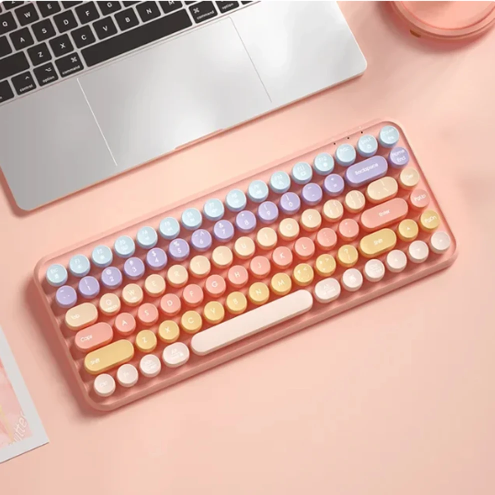 

2.4G Wireless Bluetooth Keyboard Colorful 85 Round Keycap Rechargeable Wired Mute Keyboard for Computer, Mac, Desktop, Laptop