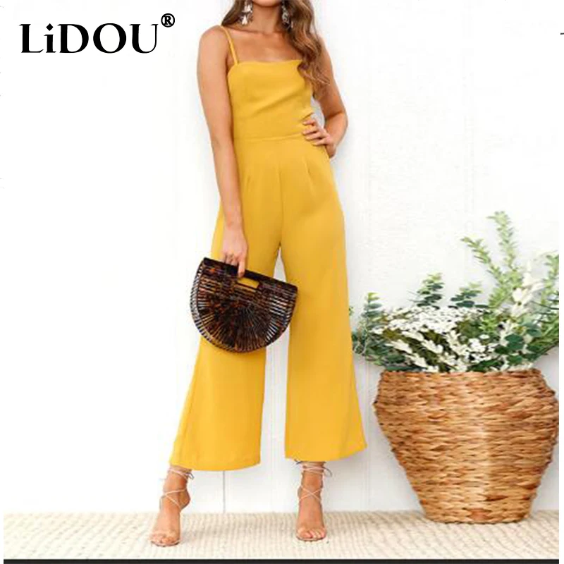 Summer Fashion Casual Spaghetti Strap Jumpsuit Women Sexy Backless Solid Jumpsuits Ladies Sleeveless Straight Rompers Overalls