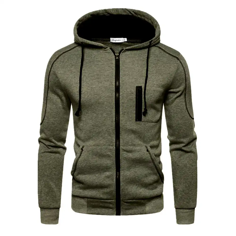 Verde Oliva - Sudadera Deportiva Lisa con Capucha y Bolsillos
