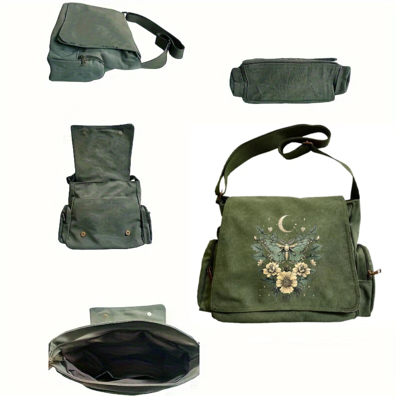 Women's Shoulder Bag Vintage Crossbody Bag Messenger Bag Canvas Moth Butterfly Print Large Capacity Pockets
