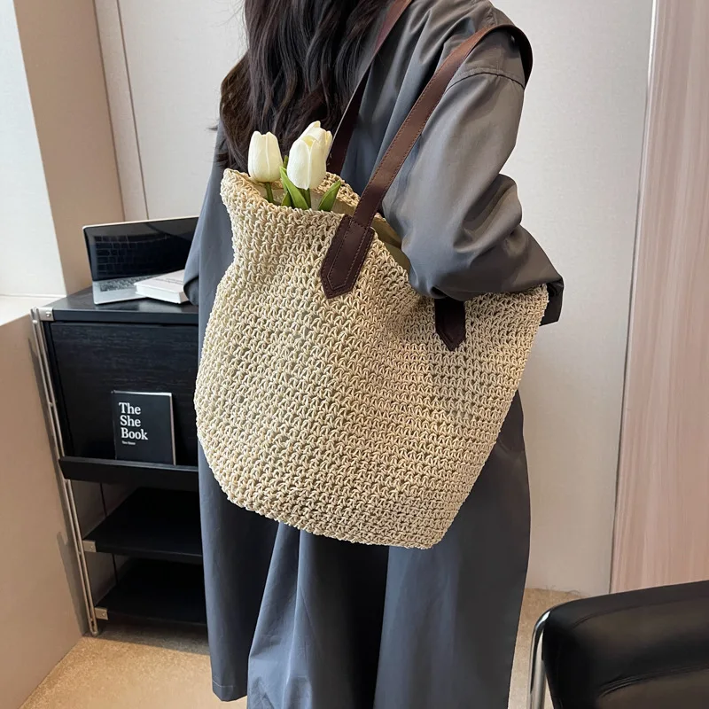 Women Shouder Bag Bohemian Straw Handbag Summer Beach Woven Underarm Bag Large Casual Knitted Bag Crochet Tote Bag