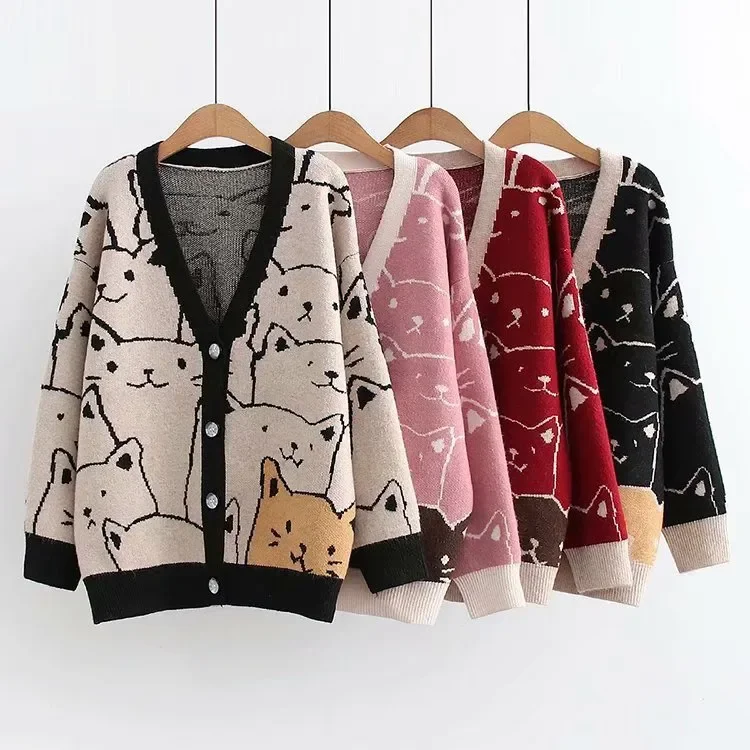 

2023 Autumn Winter New Cartoon V Neck Cardigan Women Cat Vintage Knitted Sweater Female Retro Long Sleeve Womens Knitwear Coat