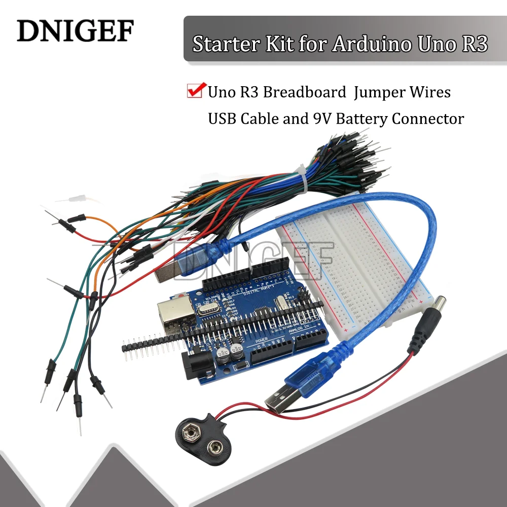 Dnigef Starter Kit Per Arduino Uno R3 - Bundle Di 5 Articoli Uno R3 Breadboard Jumper Wires Cavo Usb E Connettore Batteria 9V