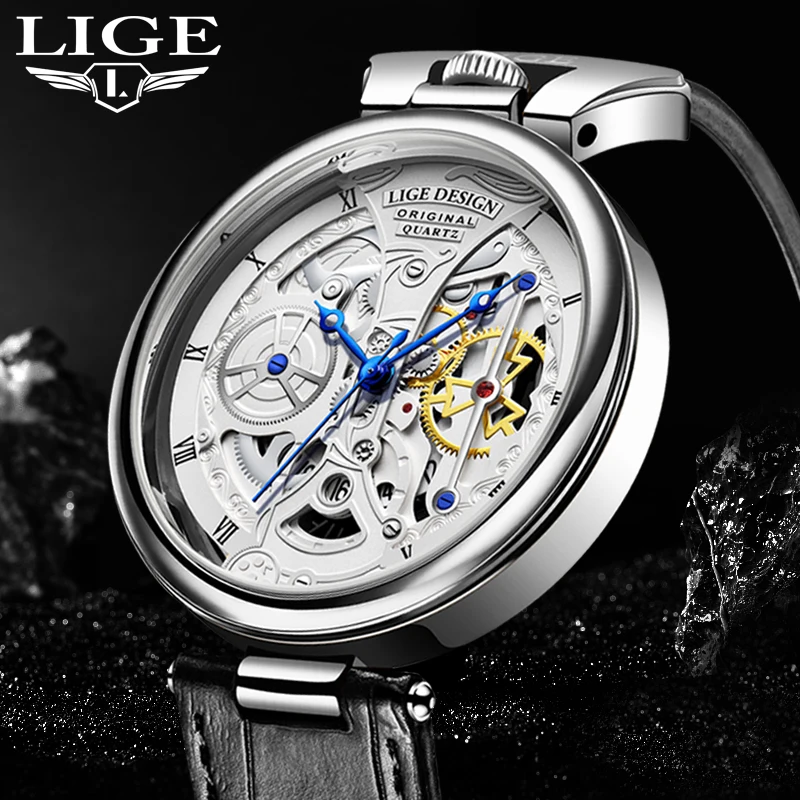 LIGE Top Brand Luxury Original Men Quartz Watch Creative Hollow Fashion Casual Waterproof Watch for Men Gentleman Business Clock high quality luxury men designer fashion g belt genuine leather waistband classic grey straps gentleman casual cowhide belt