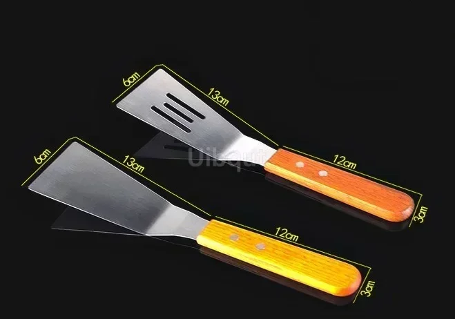 Steak Spatula Stainless Steel Steak Fried Shovel Spatula Pizza peel Grasping Cutter Spade Pastry BBQ Tools Wooden Rubber Handle Kitchen turner