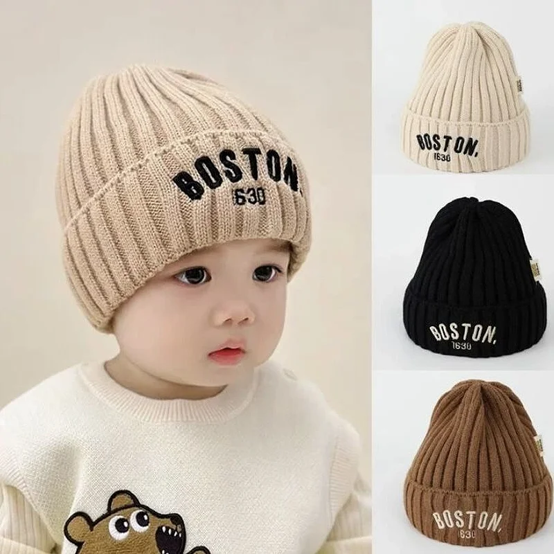 Autumn Winter Baby Embroidery Letter Knitting Caps Kid Boy Solid Warm Beanies Girl Children Fashion Casual Hat Infant Soft Caps knit hat baby hat