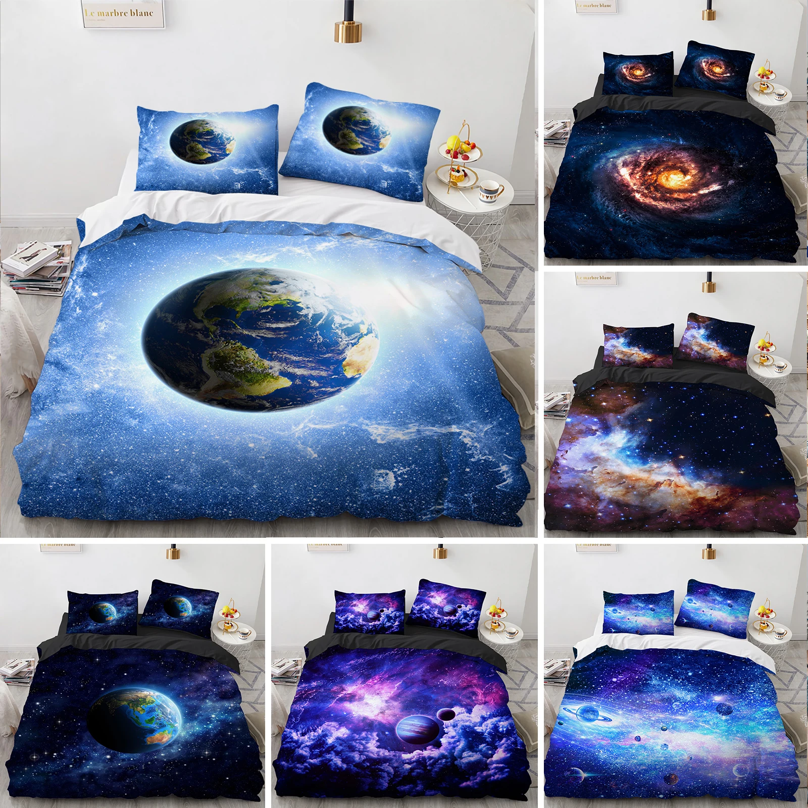 

Galaxy Planet King Queen Duvet Cover Universe Sky Bedding Set 3D Blue Earth Outer Space Astronomy 2/3pcs Polyester Quilt Cover