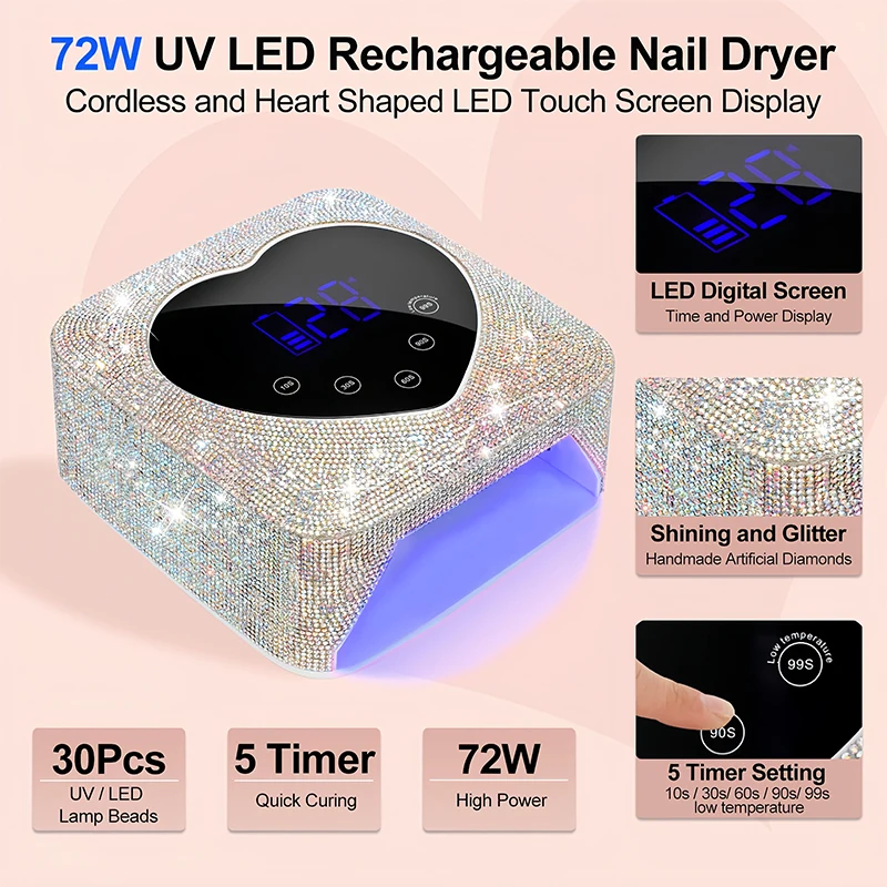 Rechargeable UV LED Nail Lamp 72W Cordless UV Light for Nails With Rhinestone Heart Shaped Manicure Pedicure Machine Nail Tools 2