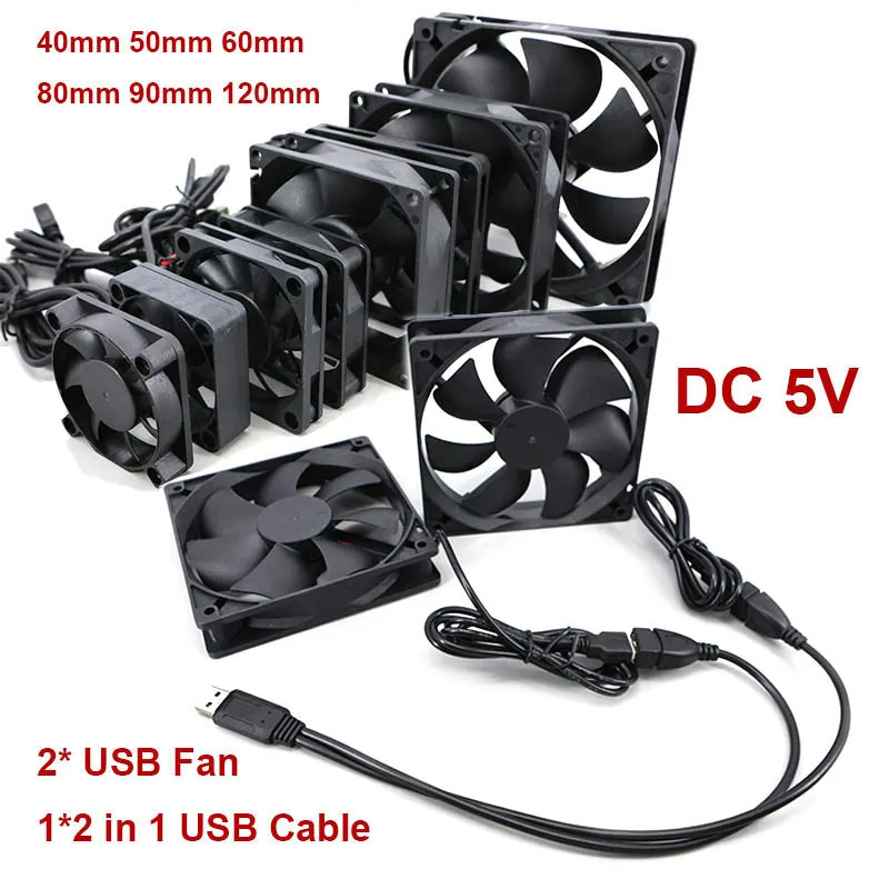 2 in 1 USB 40mm 50mm 60mm 80mm 90mm 120mm DC 5V 전원 공급 듀얼 2개 USB 팬(커넥터 케이블 포함) AV 리시버 DVR 냉각용