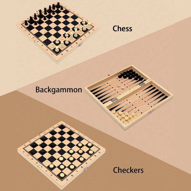 Three-in-one Wooden Chess Set Foldable Portable Chessboard Puzzle Toy