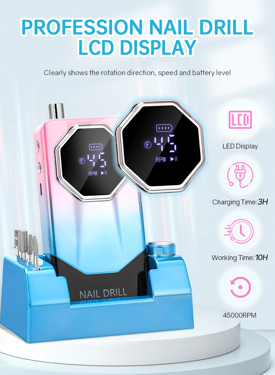 Description Picture 4 of itemDianaBeauty 45000RPM Nail Drill Machine Professional Nail Drills for Gel Nails Polish Rechargeable Portable Nail File Nail Art