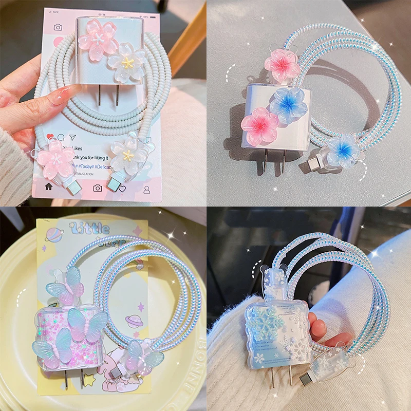 4Pcs/Set Butterfly Flowers Charging USB Data Cable Protector Cover For IPhone 20W Charger Data Line Protective Case Winder Kits