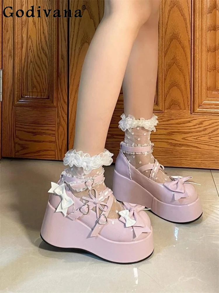 

Japanese Style Sweet and Cute Women's Platform High Heels Preppy Style Lolita Fashion Elegant Round Toe Ladies Mary Jane Shoes