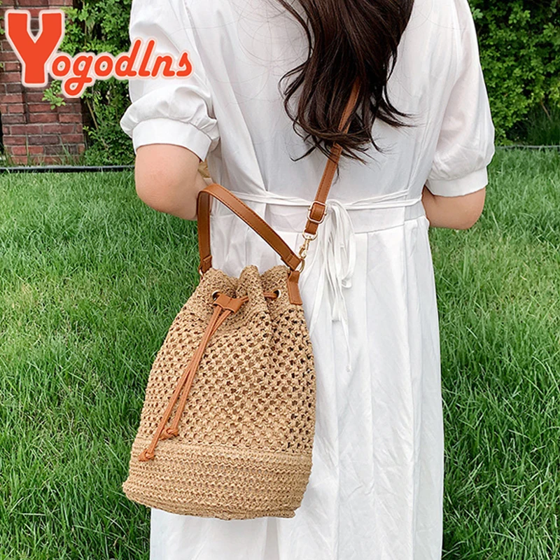 Summer Braided Straw Bucket Bag For Women Simple Drawstring Shoulder Crossbody Bag Travel Beach Bag Casual Wove Handbag