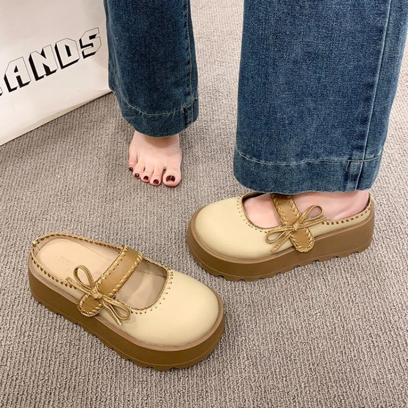 Women Casual Mule Sandals Cute Bow Decor Mary Jane Backless Slides Thick Platform Non Slip Daily Wear Flat Mules Shoes 4