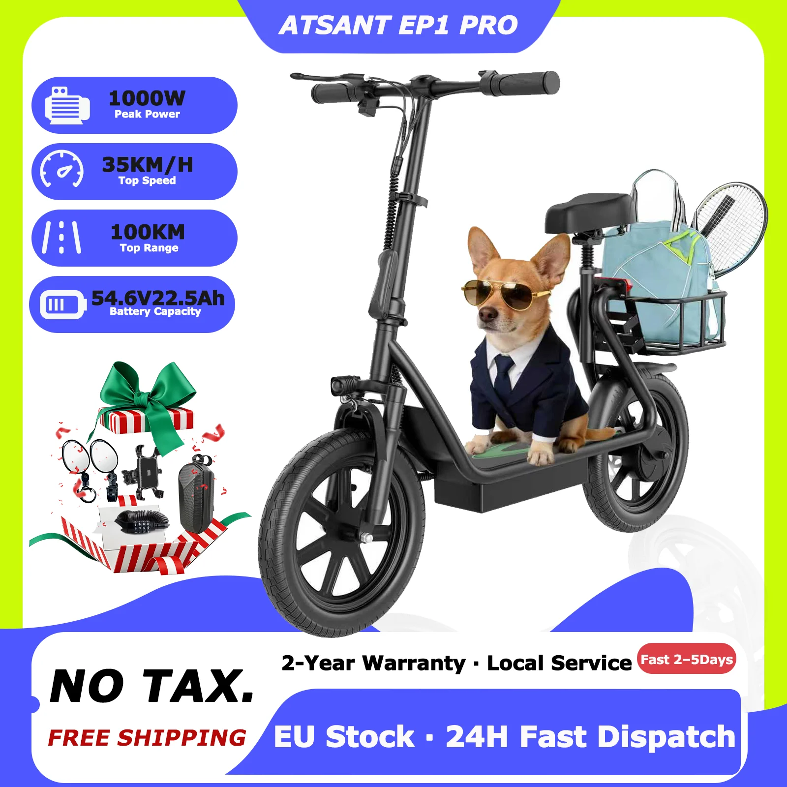 Monopattino Elettrico ATSANT EP1 PRO con Potenza di Picco 600W, Batteria a Grande Capacità 54.6V22.5Ah, Autonomia 100KM, Ruote da 14 Pollici e APP