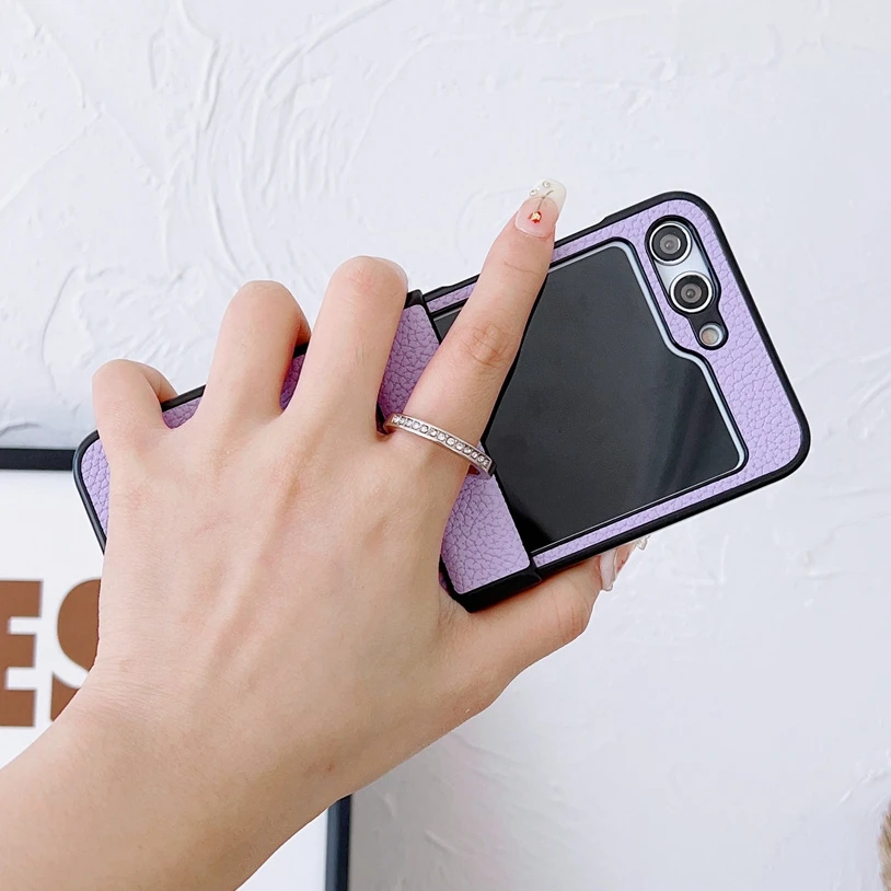 Luxury Litchi Grain Leather Case with Metal Ring Rotating Stand