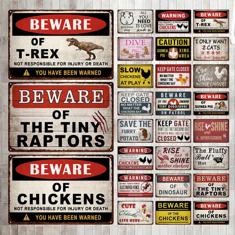 

Warning Vintage Sign Funny Bird of Prey Chicken Guinea Pig Metal Tin Signs for Courtyard Garden Farmhouse Home Decoration