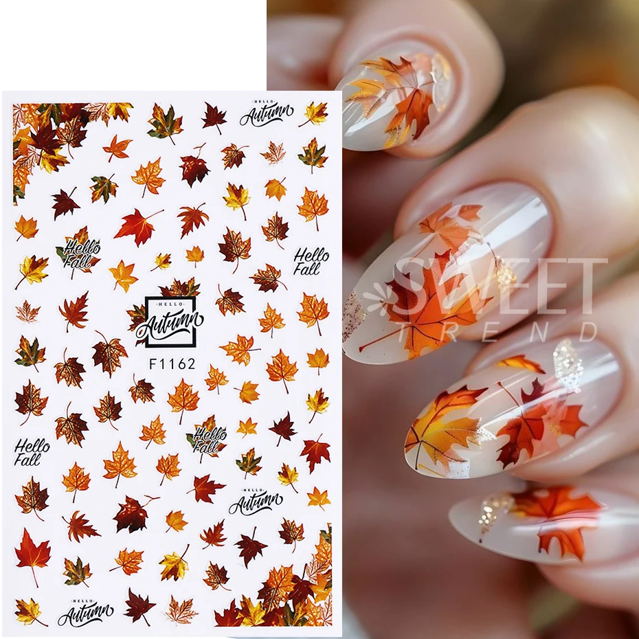 10pcs Autumn Winter Nail Stickers Maple Leaf Pumpkin Mushroom Flowers Self-Adhesive Nail Decals Thanksgiving DIY Manicure Decor