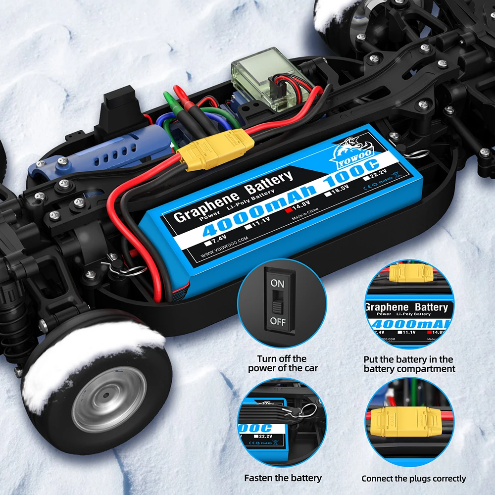 Batterie LiPo 6S 7000mAh 100C XT90 à côté d'une voiture RC, illustrant sa taille compacte.