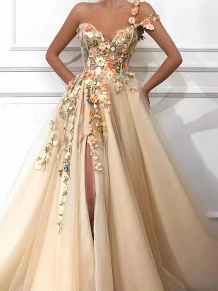 evening wear dresses 2022  One Shoulder Prom Dresses Long 3D Floral Lace Applique Beaded Formal Evening Gown Party Dresses with High Split long evening dress