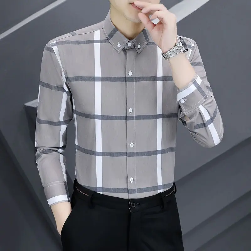Spring and Autumn Men's Pullover Collar Single Breasted Plaid Stripe Contrast Color Long Sleeve Shirt Fashion Casual Formal Tops