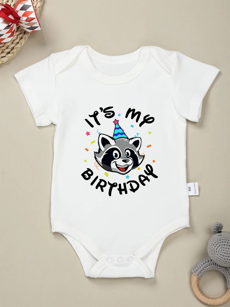 

Birthday Party Baby Boy Girl Clothes Cute Animal Bodysuit Cartoon Raccoon Print Summer Infant Onesie Cotton Cozy Toddler Outfits