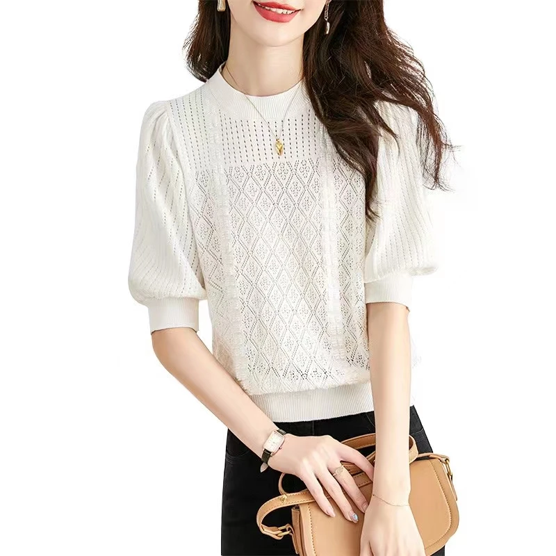 

Thin Knitted T Shirt Women Short Sleeve Tops Tee Shirt Femme 2023 Summer Casual Womens Clothing Hollow Out T Shirts Camisetas