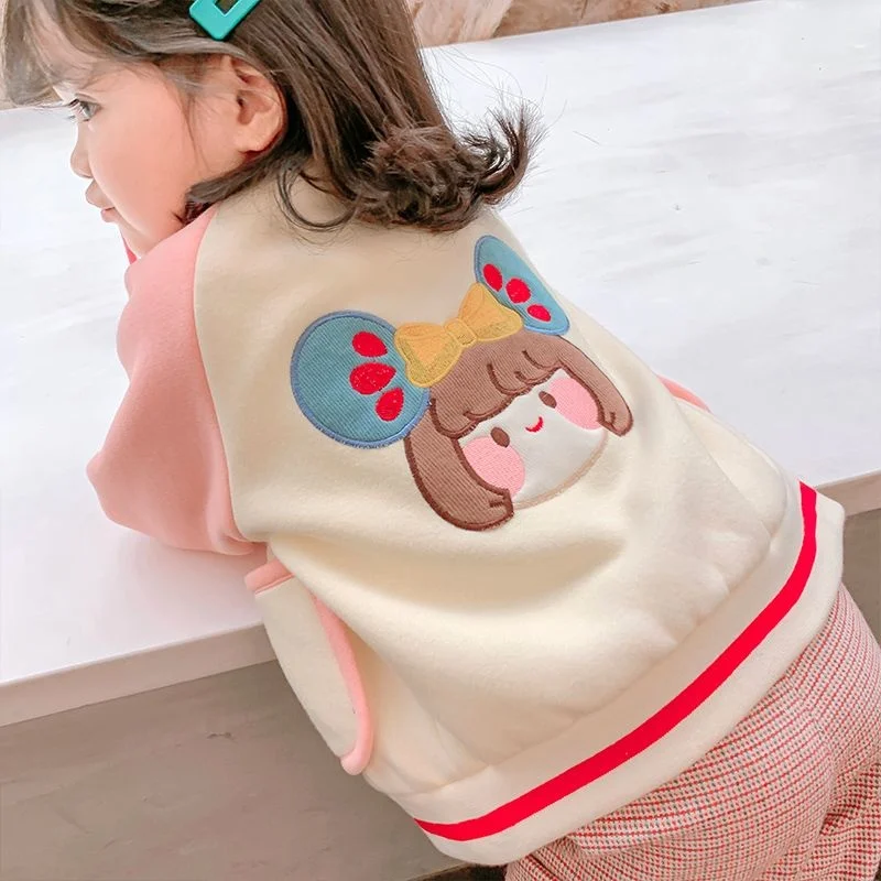 

Girls' Baseball Jacket Thickened Coat 2023 Spring Autumn Korean New Lovely Baby Contrast Color Embroidery Children's Clothes