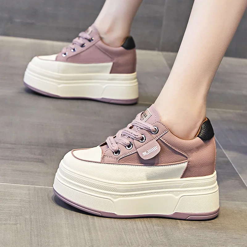 

Krasovki 9cm Platform Sneakers Wedge Genuine Leather Fashion Sneakers Hidden Heel Women Spring Autumn Casual Shoes Spring Shoes