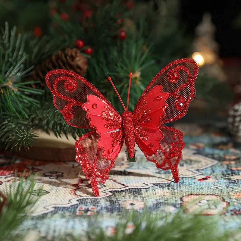 Christmas Tree Decoration Butterfly Hanging Pendant Glitter Red Gold Ornament for Navidad Noel New Year Home Party Decor