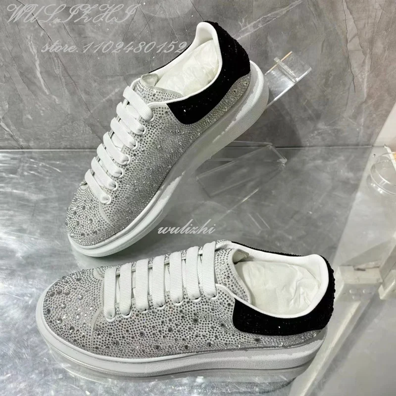 Black White Crystal Casual Sneakers Women Shiny Bling Flats Summer Lace Round Toe Genuine Leather Soft Comfortable Catwalkshoes