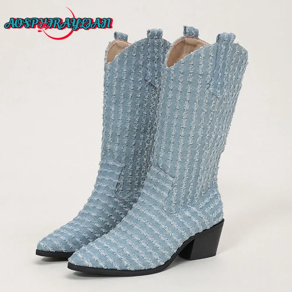 AOSPHIRAYLIAN 2023 Women's Blue Denim Mid-calf Western Cowboy Boots Point Toe Sewing Floral Shoes Boots