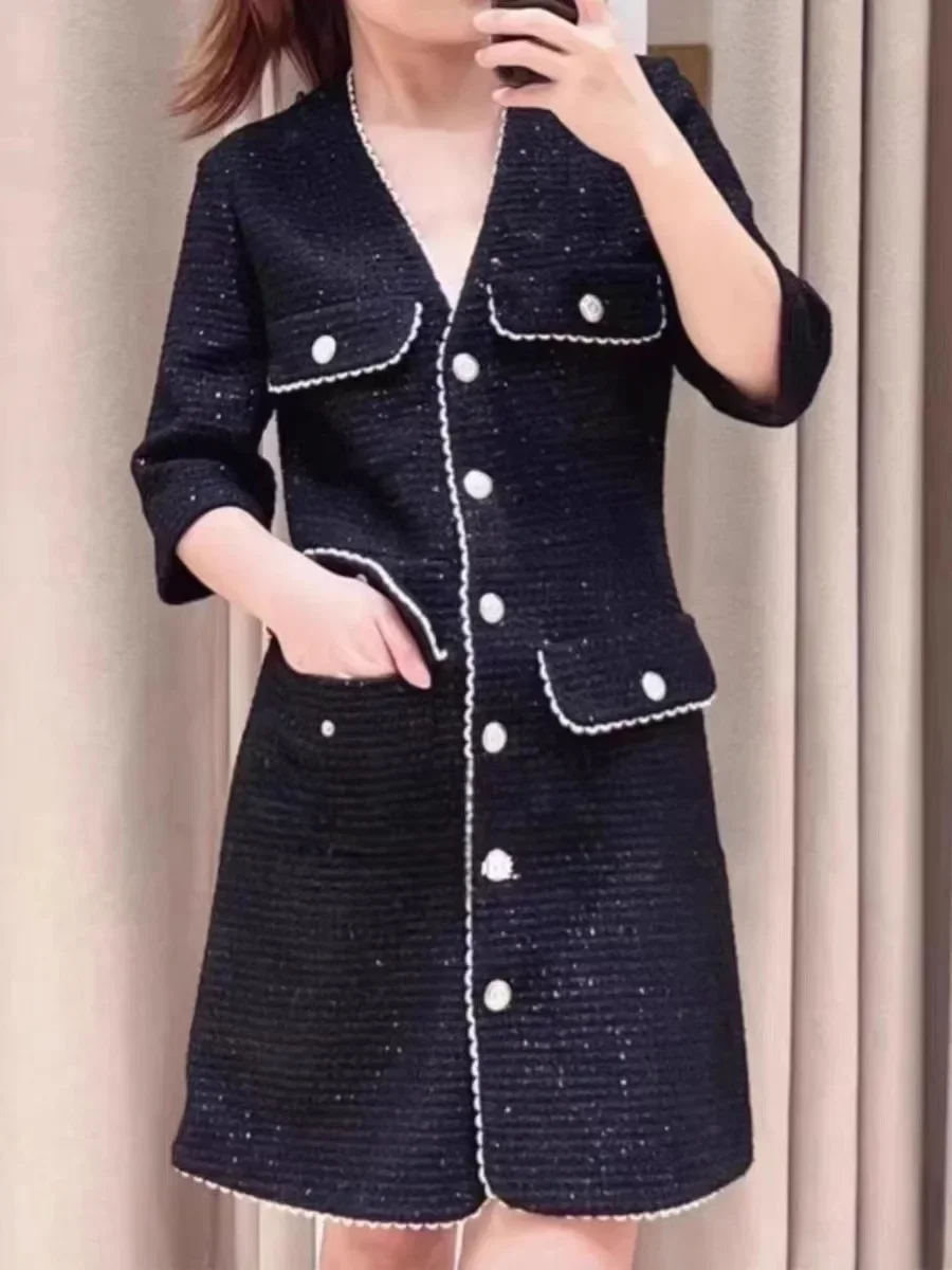 

Women Dress Shiny Lace Stitching V-Neck Short Sleeve Single Breasted Elegant Autumn 2023 Mini Robe