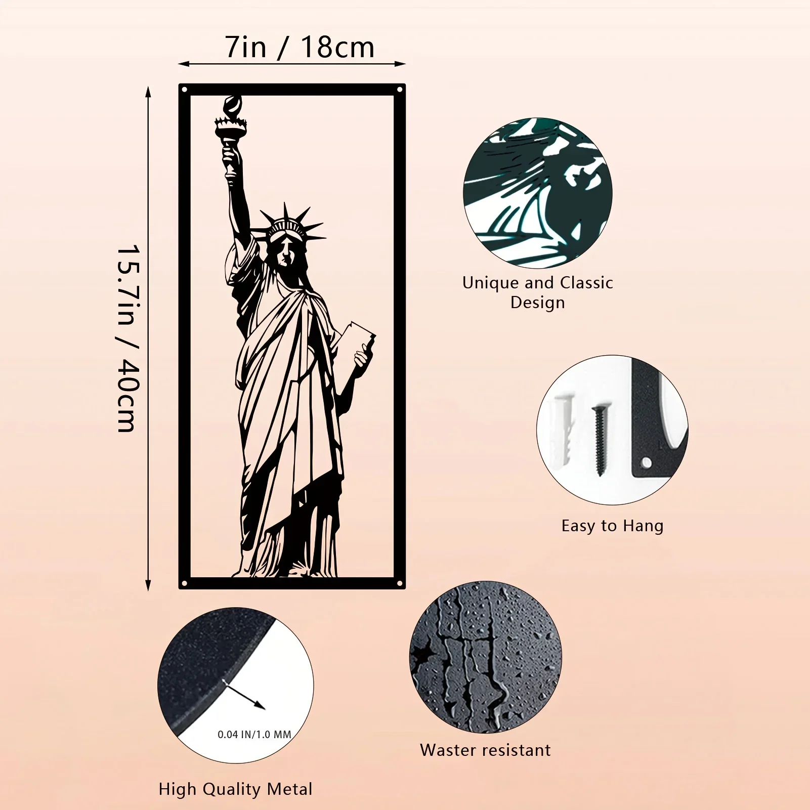 

CIFBUY Deco Statue Of Liberty Metal Wall Art Framed Wall Decoration Neoclassical Style Decoration for Bedroom Office Sofa Backg