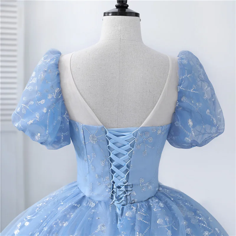 Classic Blue Vestido De Debutante New Sequin Tulle Ball Gown Sweet Scoop-neck Floor-length Elegant Quinceanera Dresses