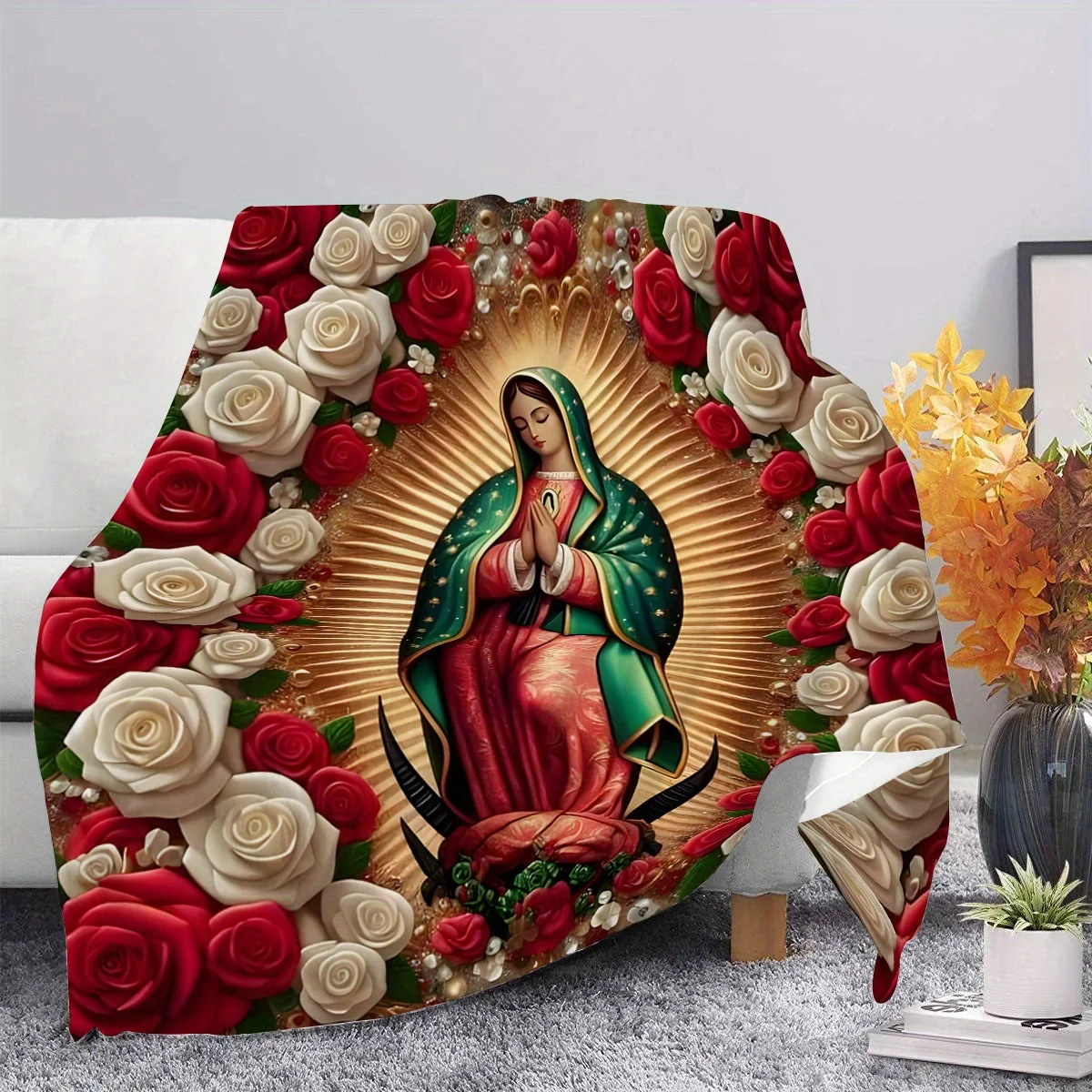 Virgin Mary with Roses Flannel Throw Blanket 4