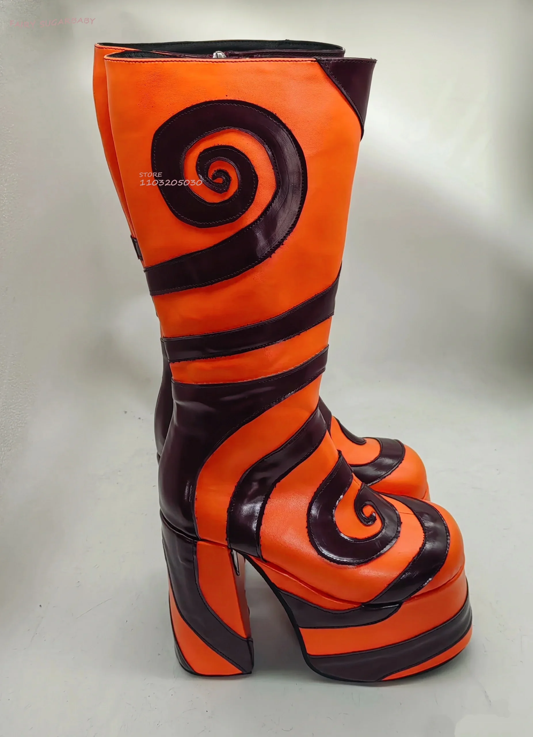 Orange Wavy Round Graffiti Tight Boots Women Platform