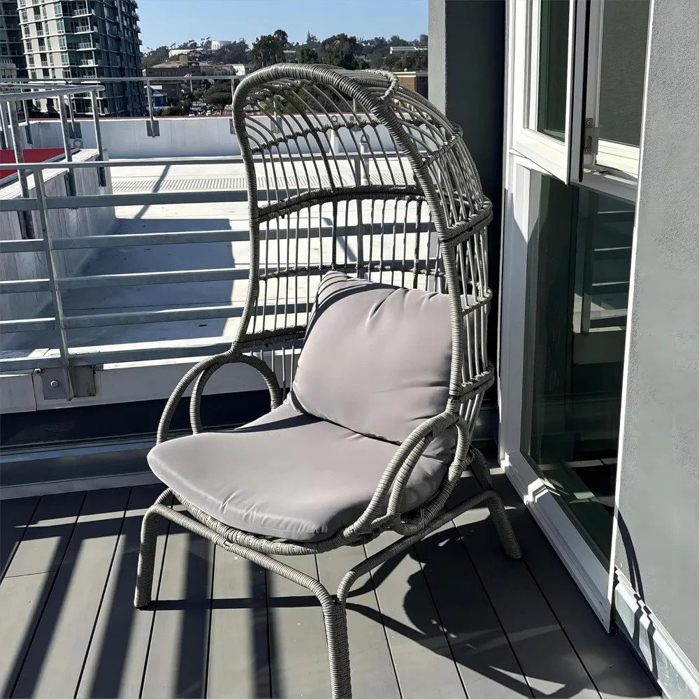Outdoor Narrow Egg Chair Wicker, Patio Rattan Basket Chair with 370lbs Capacity Indoor Egg Chairs with Stand & Cushion 4