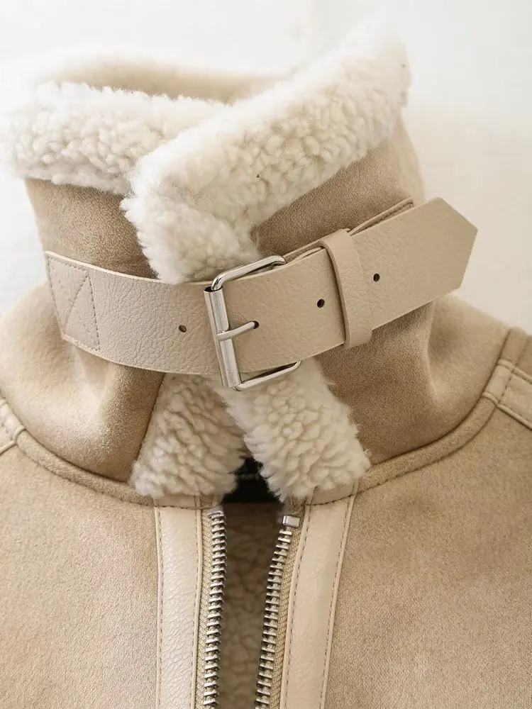 Withered British High Street Velvet Suede Jacket Winter Coat Fashion Motorcycle Leather Jacket Women