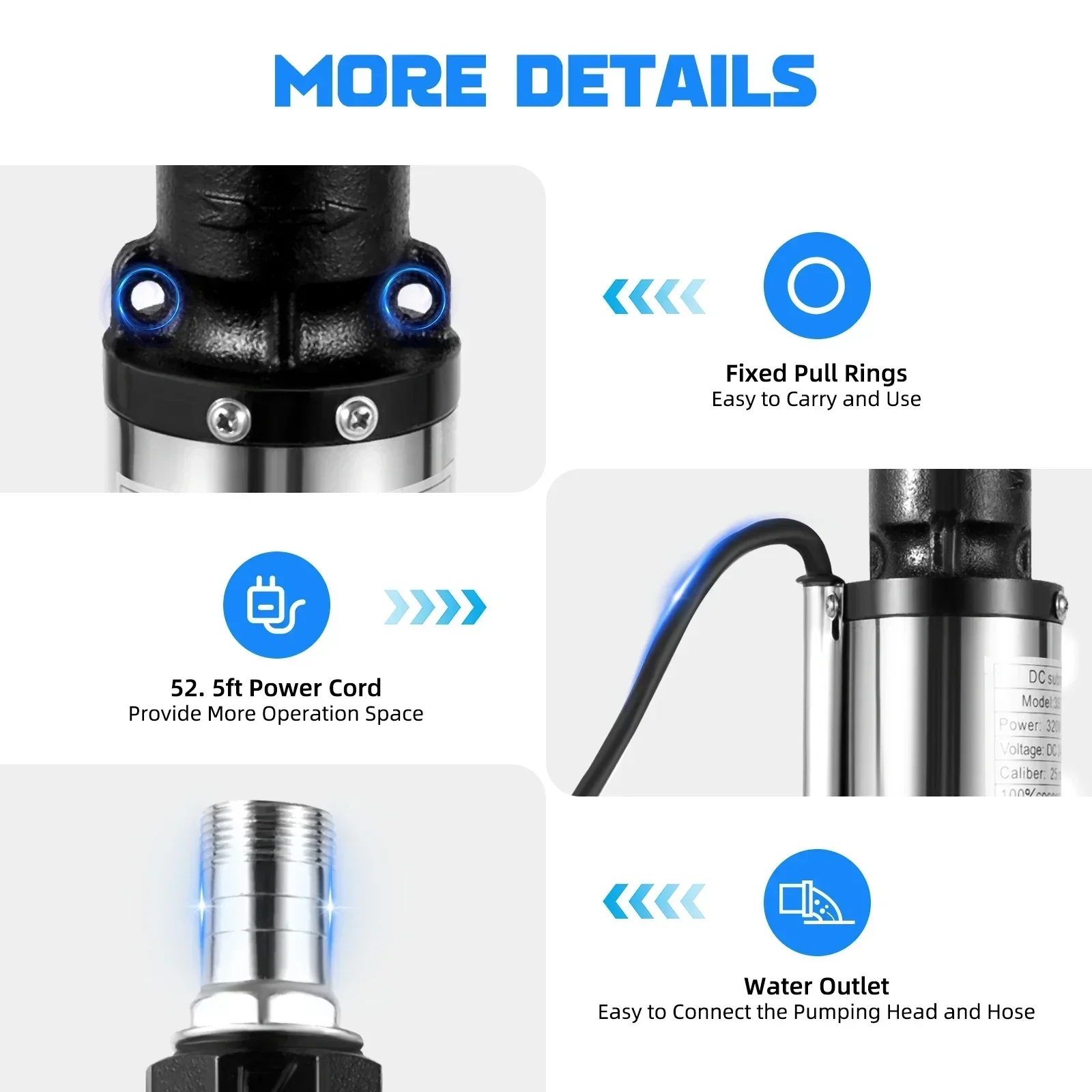 320W Edelstahl Elektrische Tauchpumpe für Garten und Bohrloch 5000 U/min Tiefbrunnenpumpe für Fabriken, Minen und Unternehmen – Detail 4