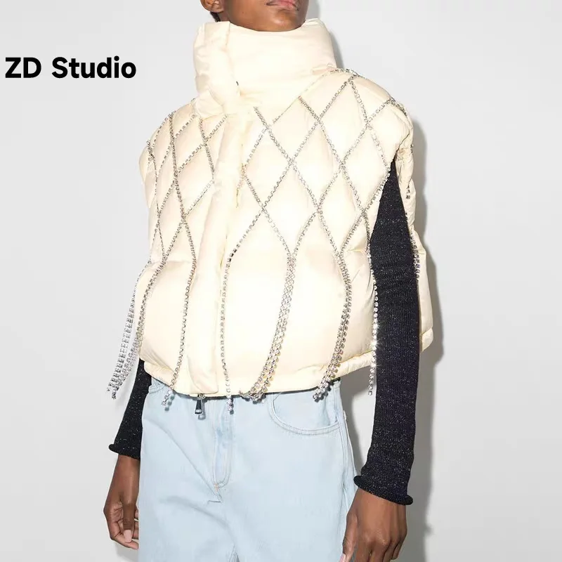 

[ZD Studio] Hand-nailed Diamond Waistcoat 2023 Autumn Winter Niche Loose Diamond Chain Decoration Clip Cotton Sleeveless Coat