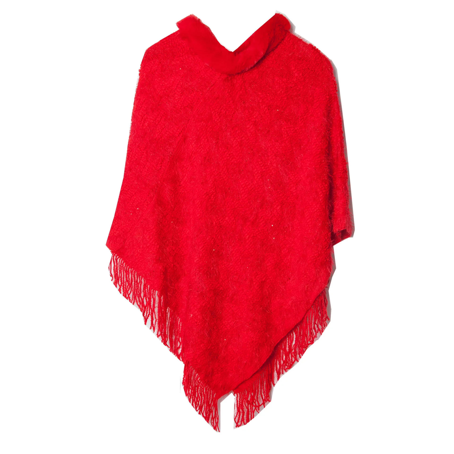 

Spring Autumn Sequin Pullover Imitation Wool Collar Shawl Knitted Cloak Fashionable Casual Poncho Lady Capes Red Cloaks