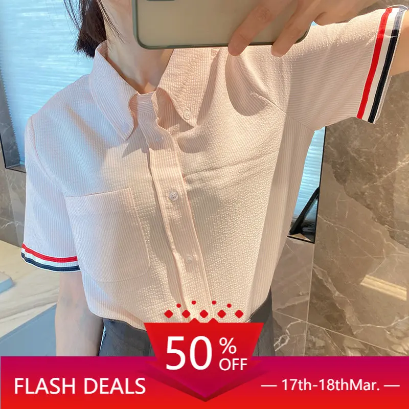 Wang Xinling's High-end Version TB Short-sleeved Blouse European Stand Professional Cuff Webbing Half-sleeved White Shirt